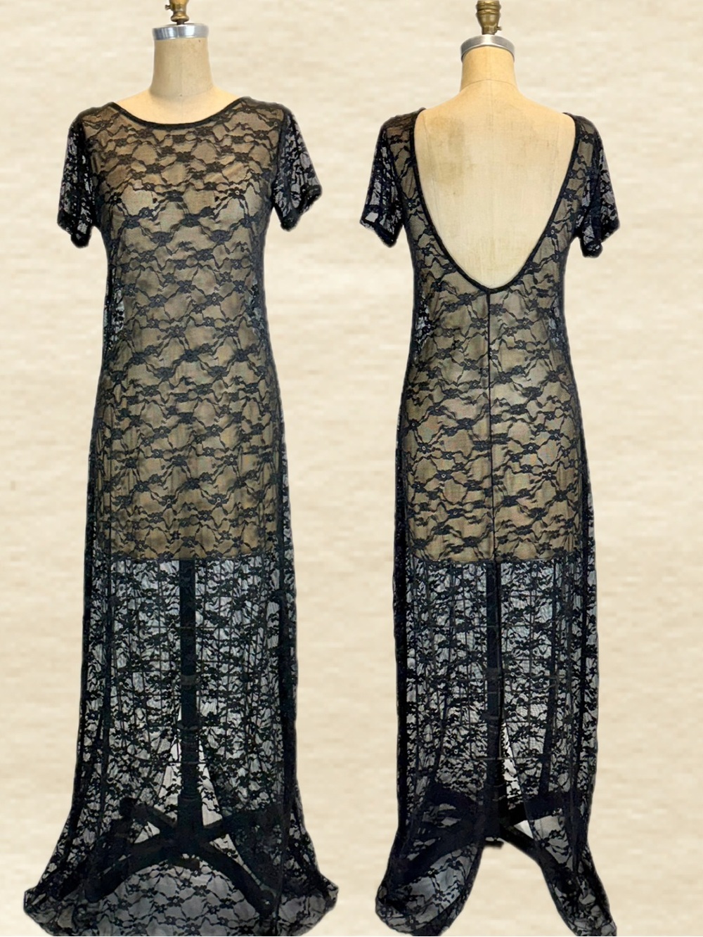 VINTAGE Y2K black floral lace mesh long maxi dress scoop back backless gothic